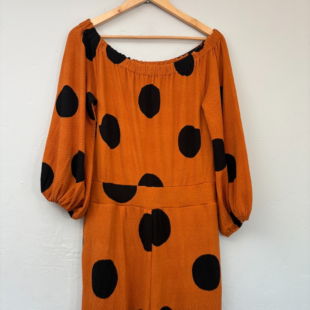 Farm Rio Anthropologie Polka Dot Wide Leg Jumpsuit Medium Orange Black New FLAW - Picture 3 of 16